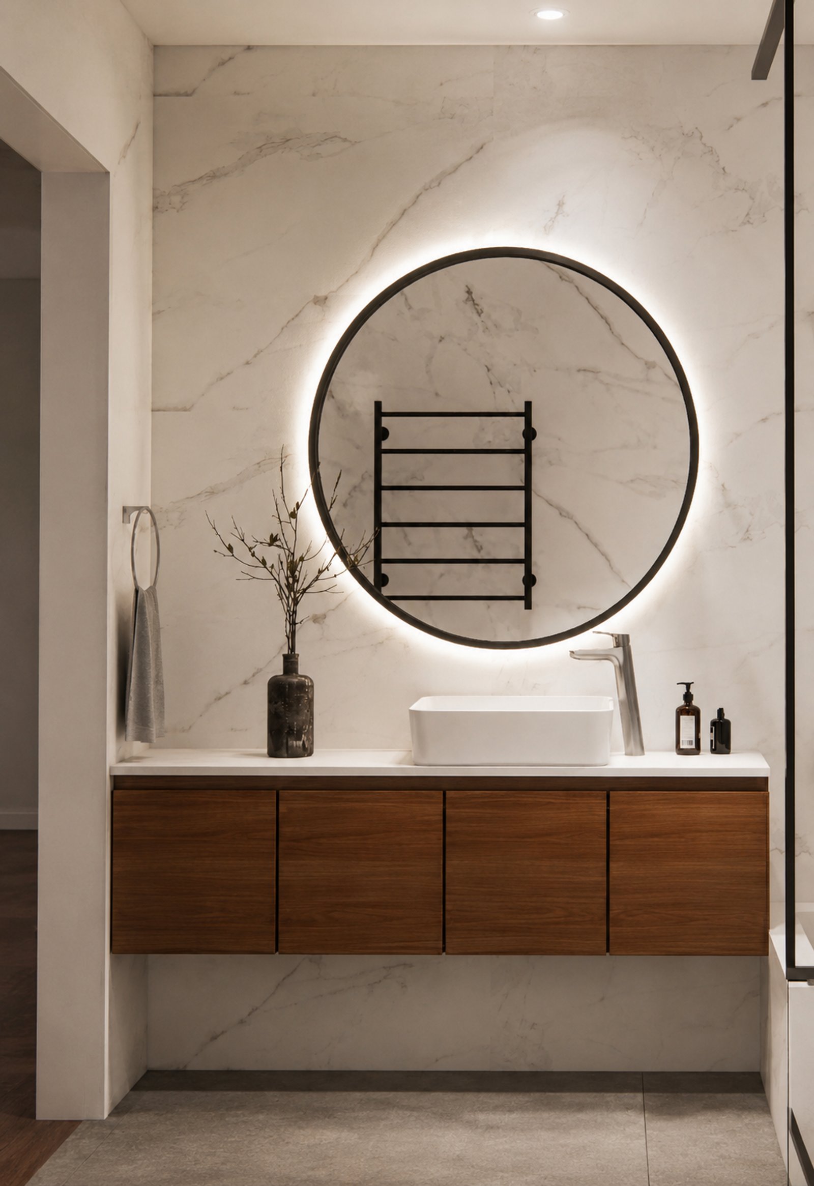 Baño moderno con espejo circular retroiluminado y vanitory flotante — proyecto Diseño de departamento juvenil , por Mela Deco Design, en Buenos Aires