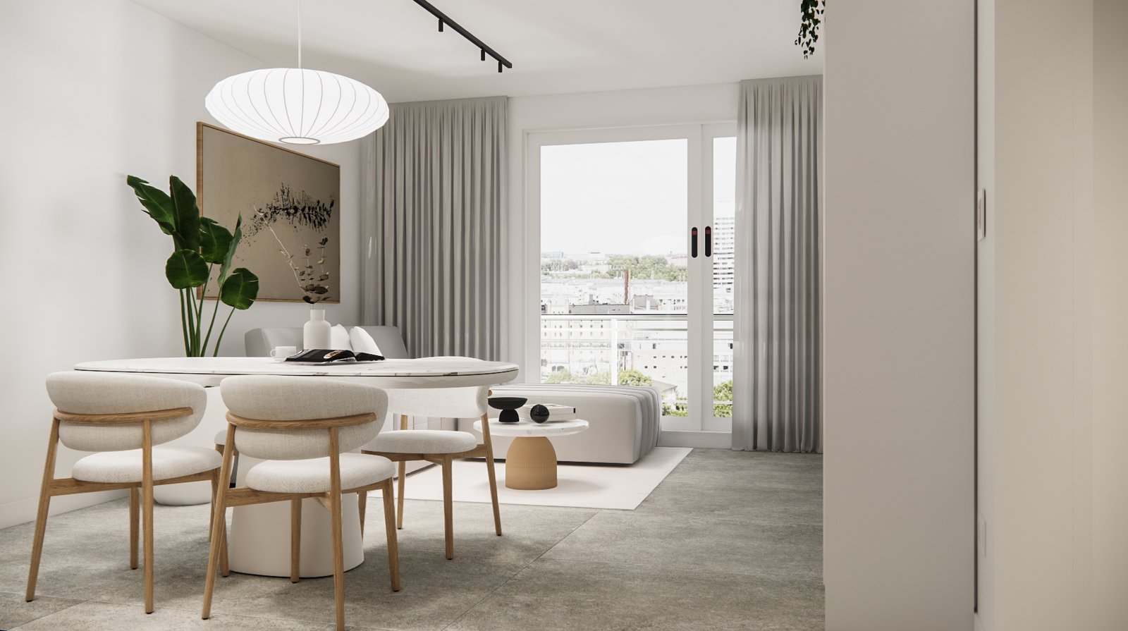 Comedor moderno escandinavo con luz natural y piso de cemento — proyecto Departamento moderno y elegante, por Mela Deco Design, en Buenos Aires