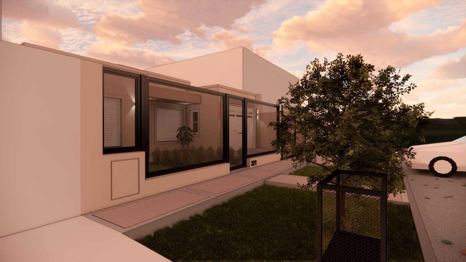 Fachada moderna com grandes janelas e vegetação exuberante — projeto FACHADA GM, por Todo con A, em Villa del Rosario