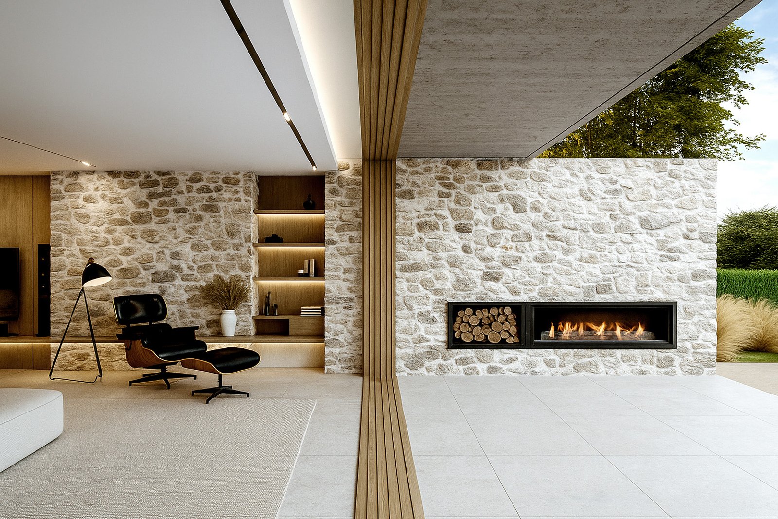 Sala de estar moderna con hogar lineal y sillón de cuero — proyecto Casa SC464, por EZ architects, en La Garza