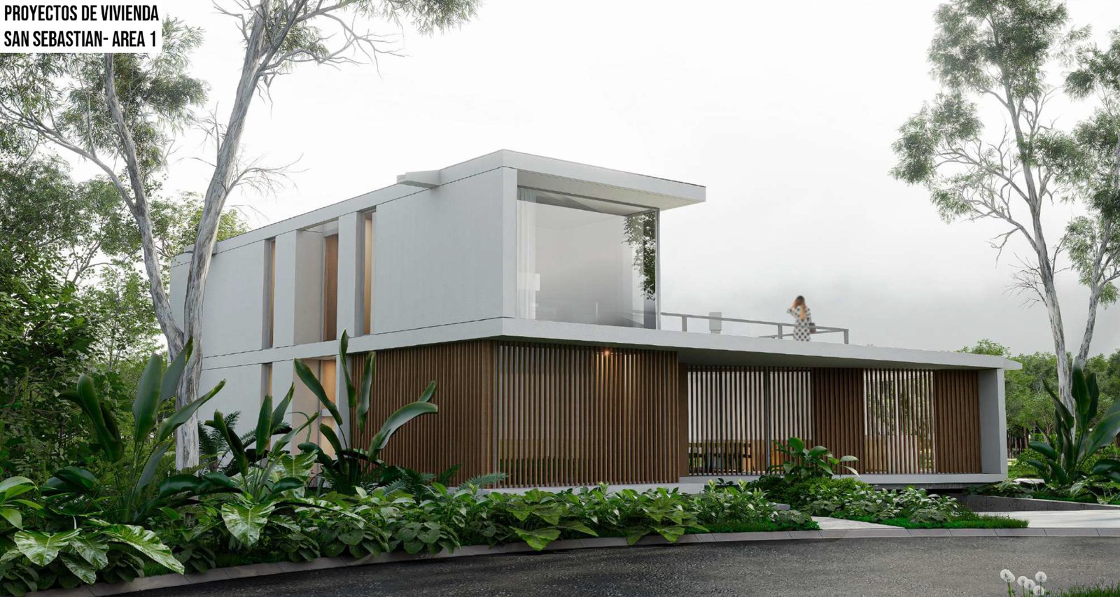 Casa moderna con fachada de madera y vegetación exuberante — proyecto Vivienda SS A1, por MMCZ STUDIO, en San Sebastián