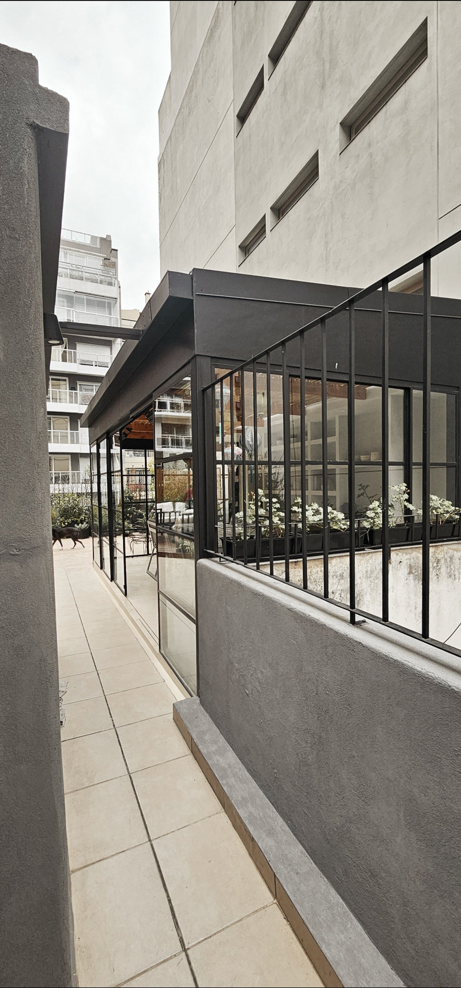 Terraço moderno com fechamento de vidro e varanda com vista urbana — projeto Cabello, por Claraboia, em Palermo