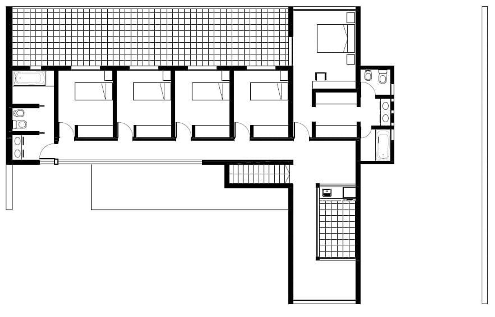 Plano arquitectónico de edificio residencial con múltiples habitaciones — proyecto Casa en el Pato, por Arquitecto Guido Niccoli, en El Pato