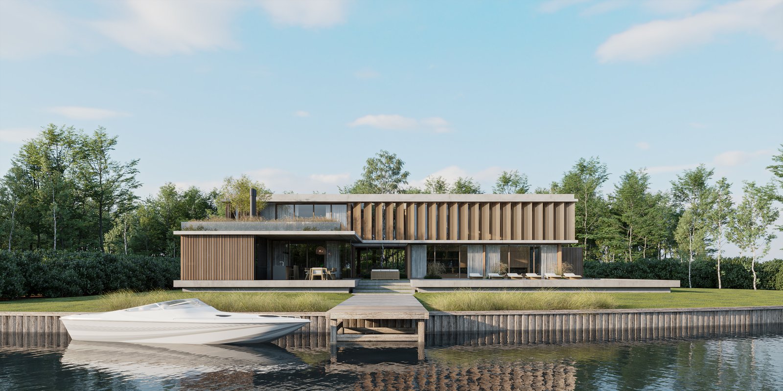 fachada moderna de casa no lago com barco e deck de madeira — projeto Casa BRIDGE, por Grupo CRBN, em Av. de los Lagos 1815