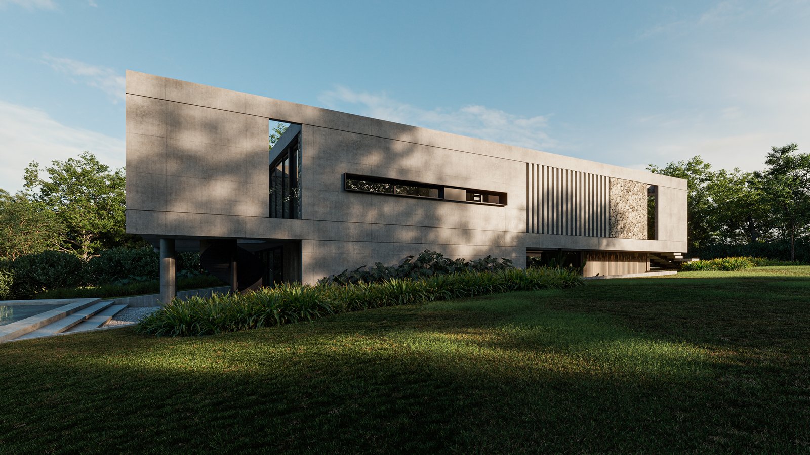 fachada moderna de concreto com janelas grandes e vegetação — projeto Casa GOLF, por Grupo CRBN, em Ruta Panamericana Nº. 9