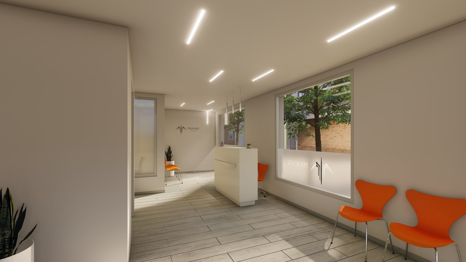 recepção moderna com cadeiras laranjas e balcão branco — projeto Consultorio Rada, por FP arquitectura e interiorismo, em Rada Tilly
