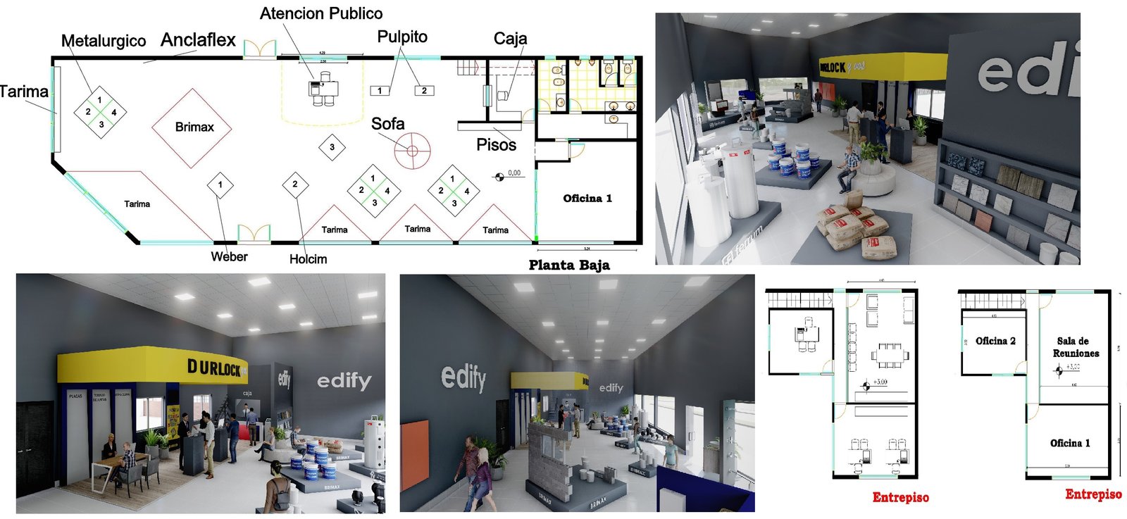 Plano y render de local comercial con oficinas — proyecto Edify Corrientes, Casa de Materiales de Construccion., por Arquitecto Gustavo Maidana, en Corrientes
