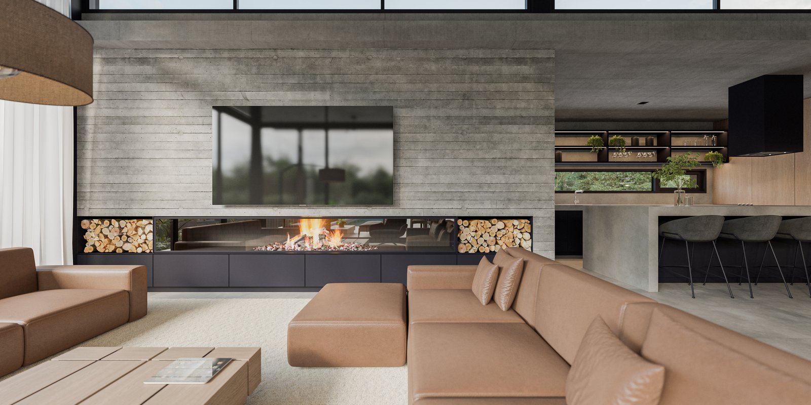 Sala moderna com parede de concreto, lareira linear e ilha de cozinha — projeto Casa LAZO, por Grupo CRBN, em B2812 Exaltación de la Cruz
