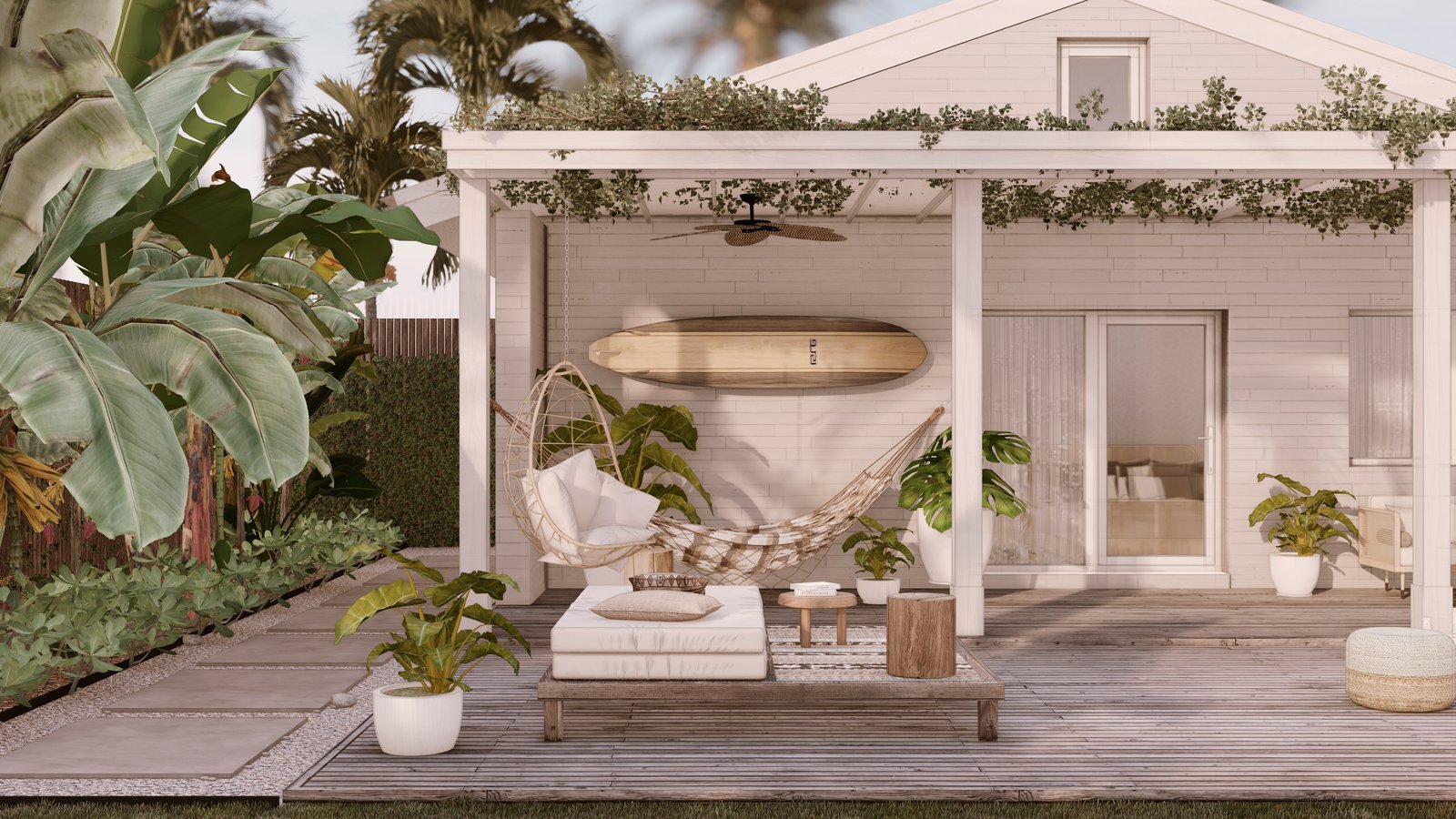 Terraza boho con mucha vegetación y muebles de rattan — proyecto Coral House, por zuloagastudio, en North Miami