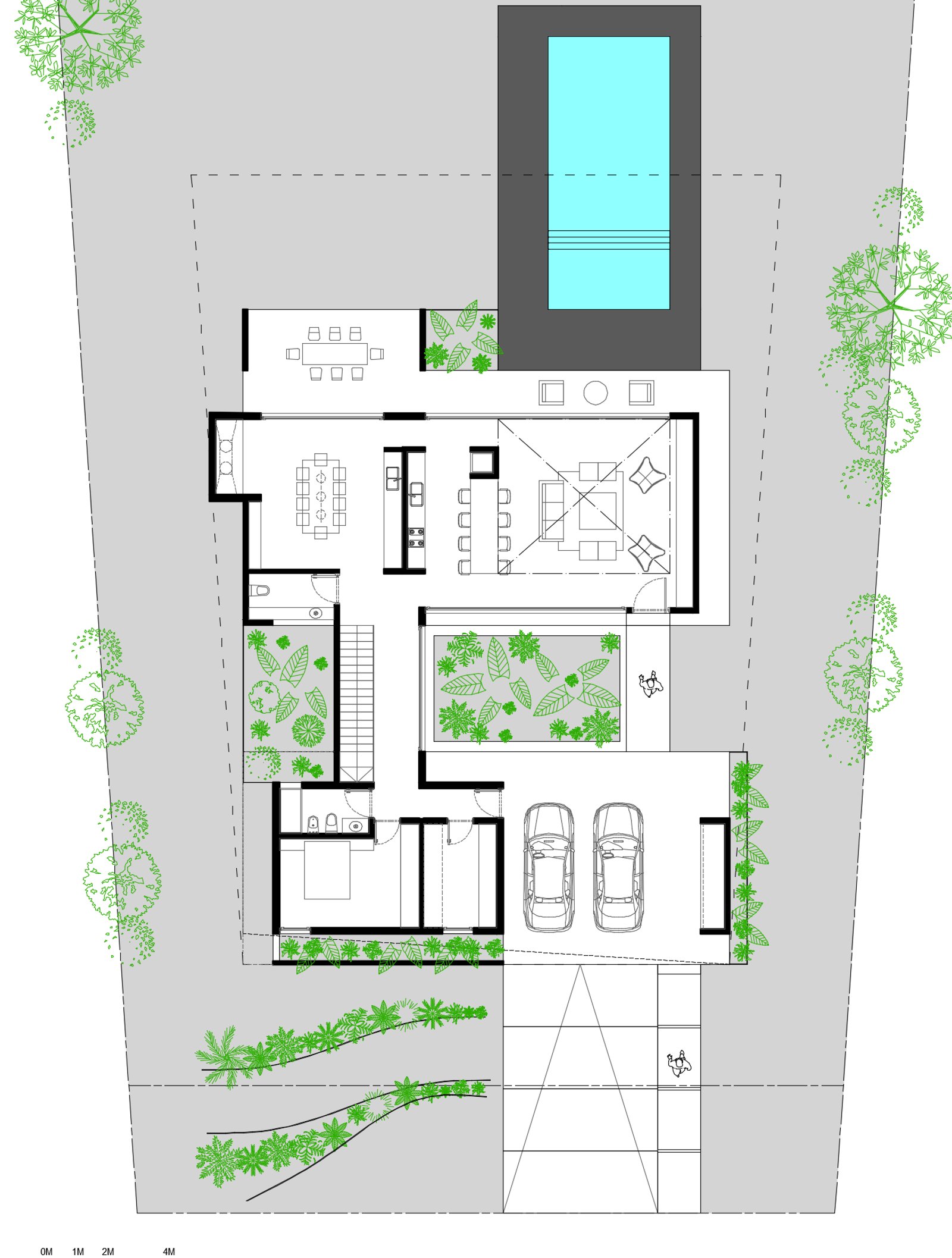 Planta de casa moderna com piscina e garagem, design minimalista — projeto Casa DG 1, por MMCZ STUDIO, em Campo Grande