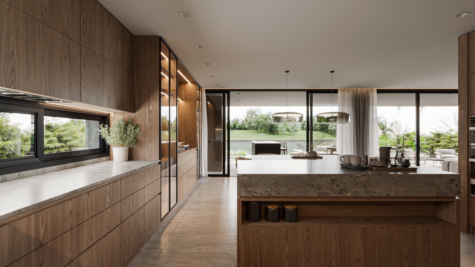 Cocina moderna con isla de piedra y muebles de madera natural — proyecto Casa CALMA, por Grupo CRBN, en Av. de los Lagos 100