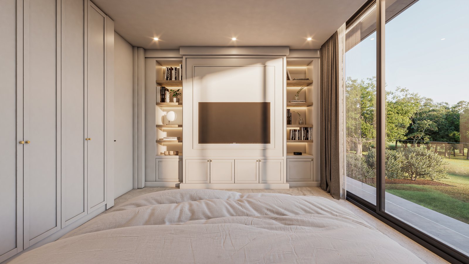dormitorio moderno con almacenamiento integrado y gran ventana — proyecto Casa GOLF, por Grupo CRBN, en Ruta Panamericana Nº. 9
