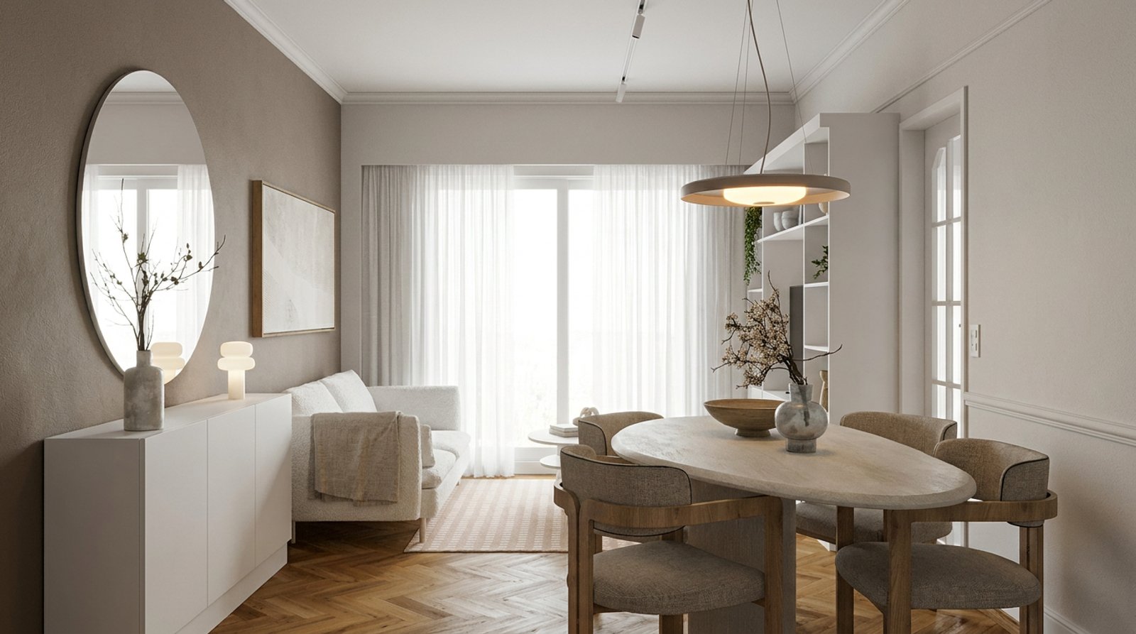 Living comedor escandinavo con mucha luz natural y espejo ovalado — proyecto Diseño cálido de living comedor , por Mela Deco Design, en Buenos Aires