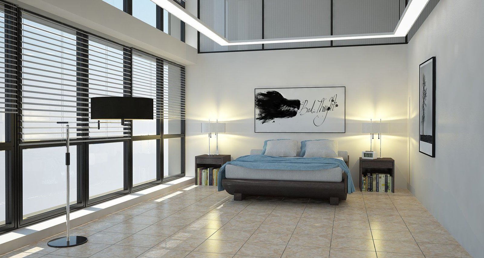 Quarto moderno minimalista com janelas do chão ao teto e arte abstrata — projeto Marmol, por Cerámica Cañuelas
