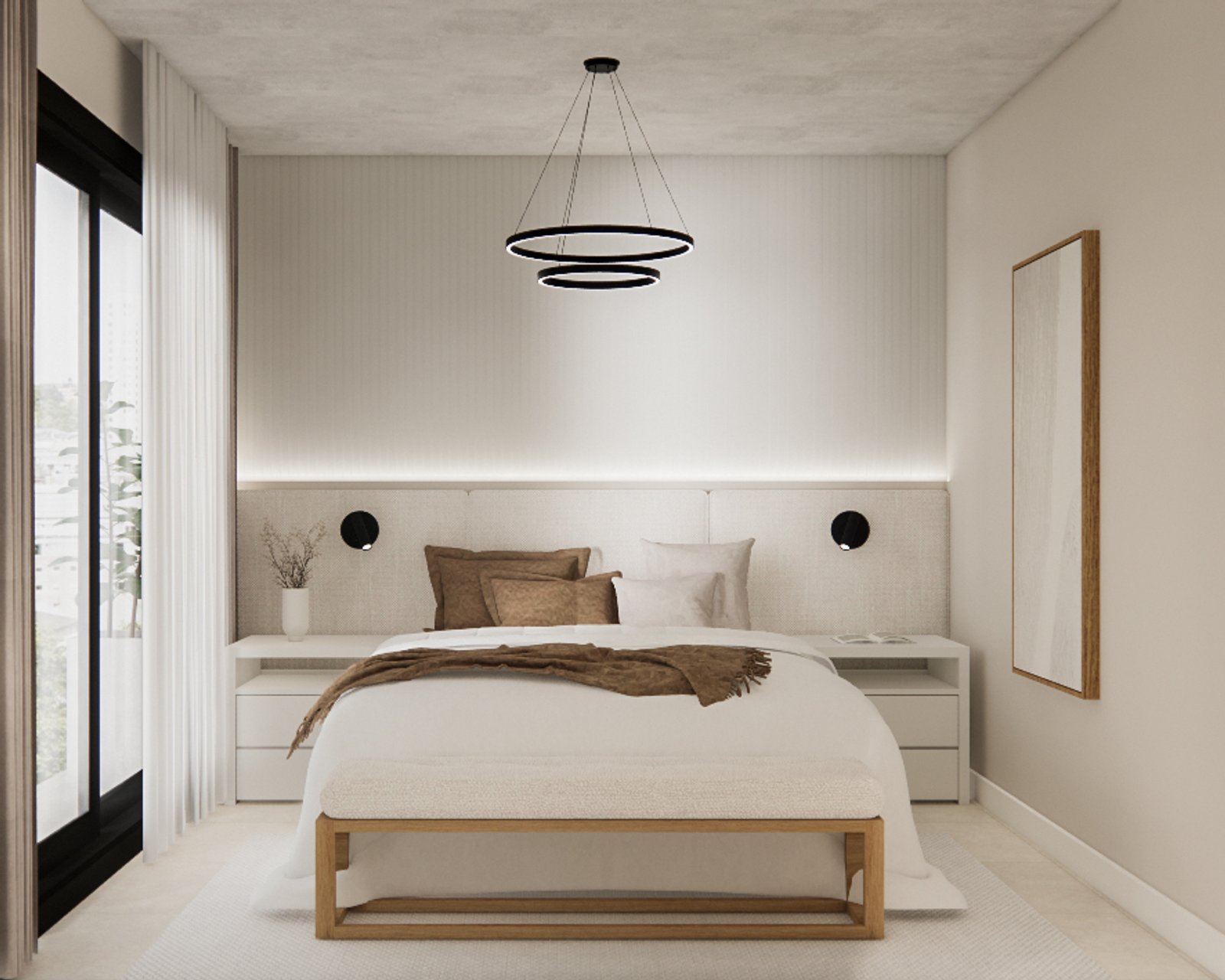 Dormitorio moderno minimalista con luz colgante geométrica — proyecto Departamento integral, por Mela Deco Design, en Buenos Aires
