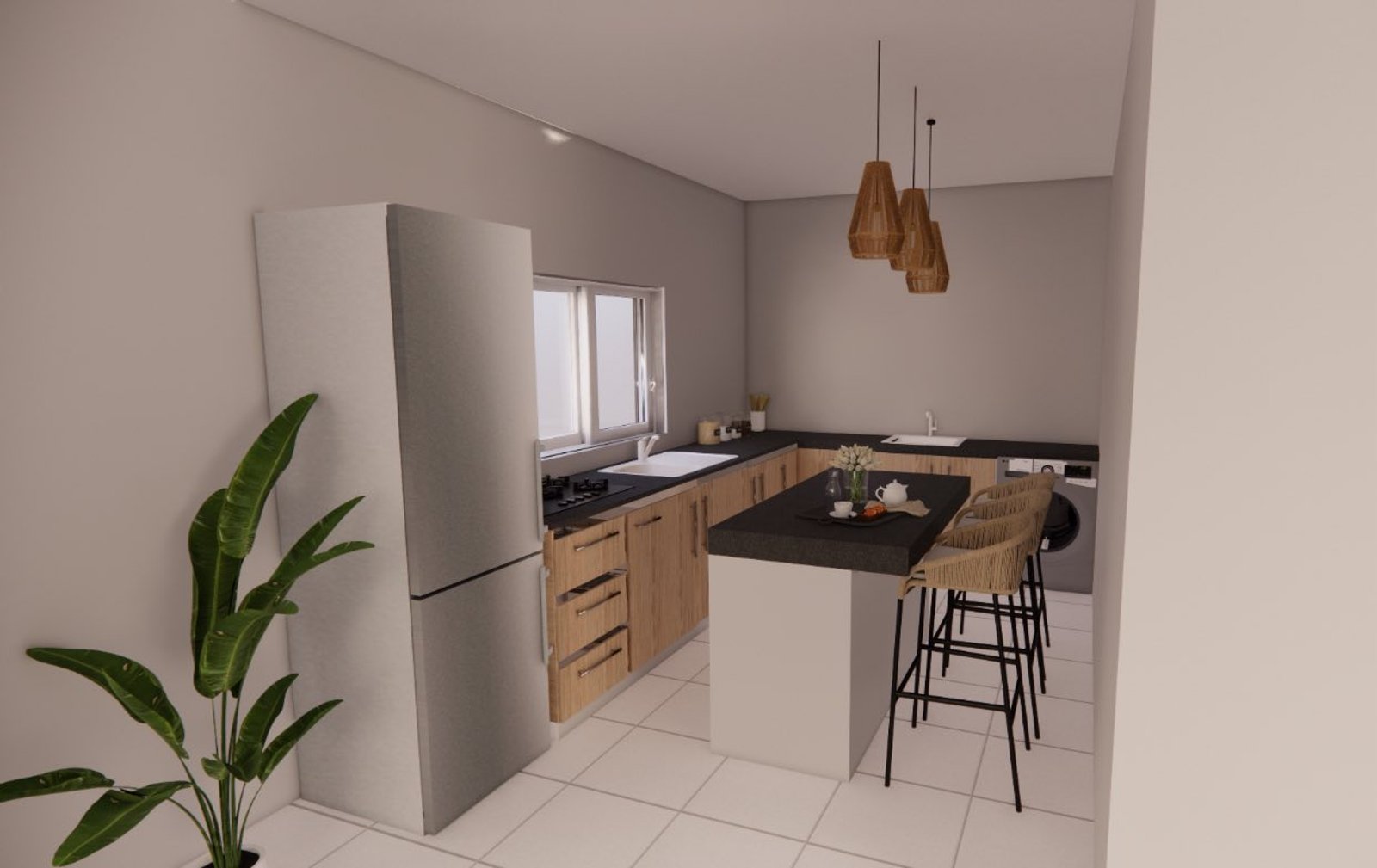 Cozinha moderna estilo escandinavo com ilha e pendentes de madeira — projeto Vivienda Unifamiliar, por Arquitecto Gustavo Maidana, em Corrientes