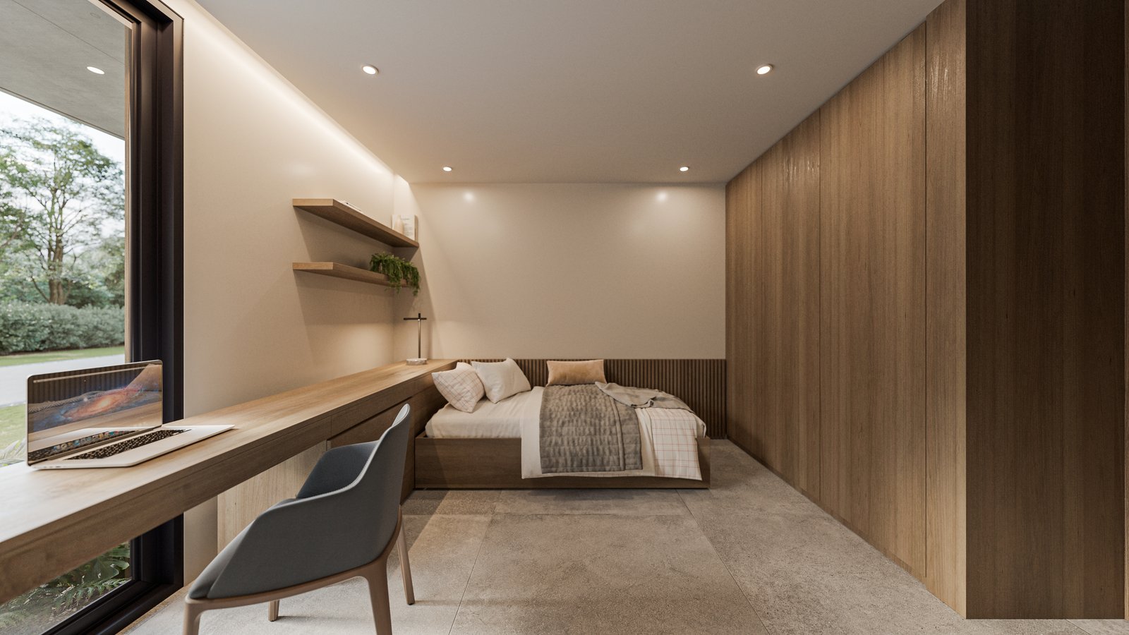 Quarto escandinavo moderno com escrivaninha flutuante e parede de ripas de madeira — projeto Casa BEAT, por Grupo CRBN, em Av. de los Lagos 1815
