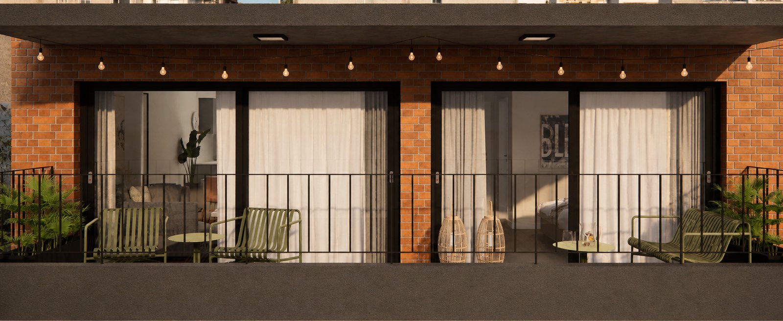 Balcón moderno con fachada de ladrillo y muebles verdes — proyecto Diseño de departamento juvenil , por Mela Deco Design, en Buenos Aires