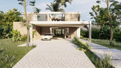 Casa moderna con entrada de hormigón, pergola y jardín natural — proyecto Casa Canal, por RY Construir Estudio, en Belén de Escobar
