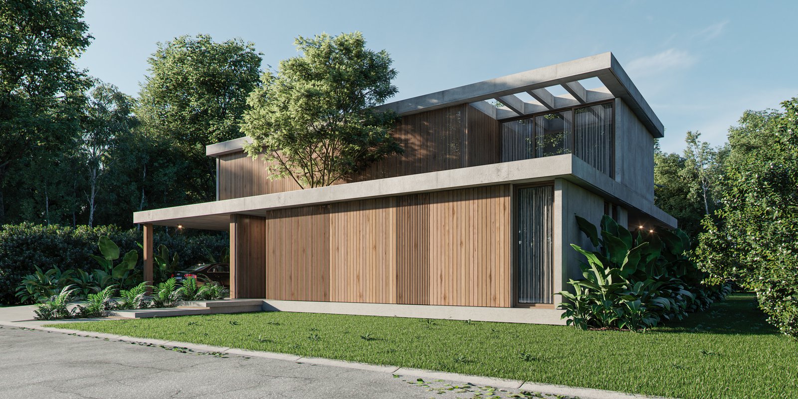 Fachada moderna de casa com madeira e concreto, cercada por vegetação — projeto Casa BRAVA, por Grupo CRBN, em Alejandro Korn