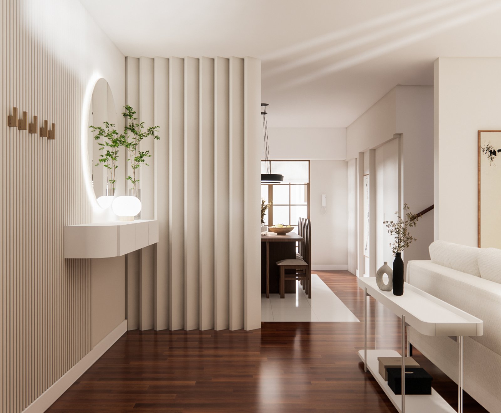 Hallway y comedor escandinavos modernos con paredes de madera ranurada — proyecto Renovación total de moderno living comedor y cocina, por Mela Deco Design