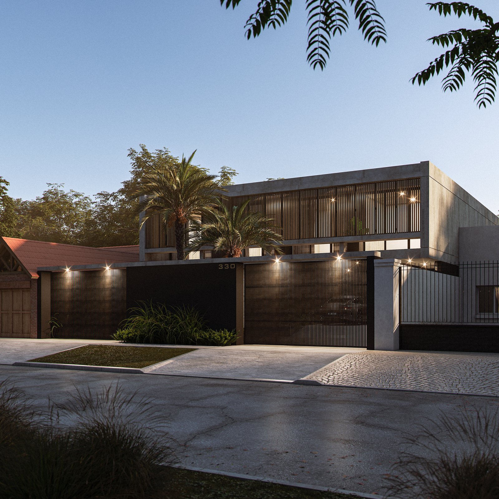 Fachada moderna suburbana con amplias ventanas y hormigón visto — proyecto Casa MITO, por Grupo CRBN, en Ituzaingó