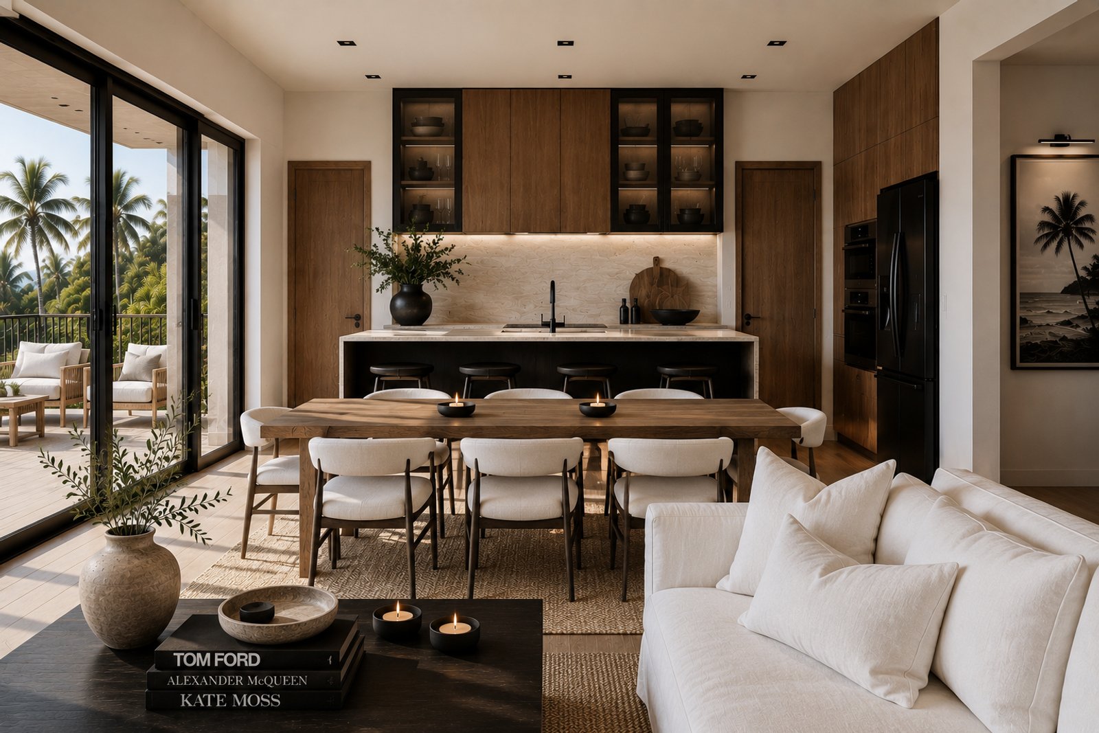 Comedor moderno abierto con cocina y sala de estar, materiales naturales — proyecto José Ignacio , por Grupo Steimberg , en 20000 Faro de José Ignacio