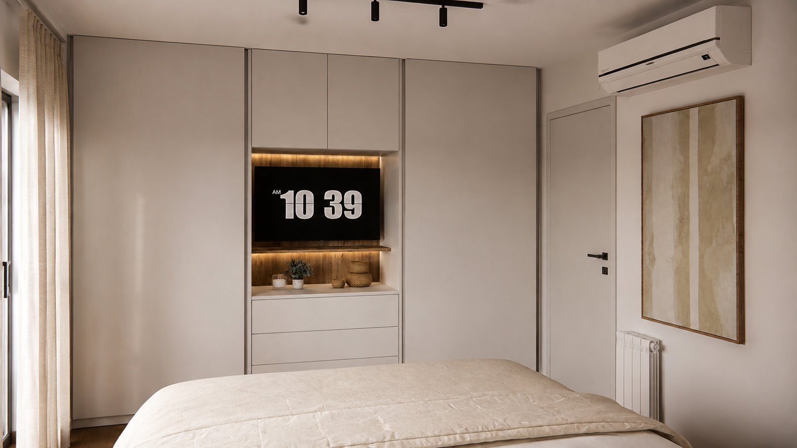 Dormitorio moderno minimalista con armario empotrado y luz cálida — proyecto Diseño cálido de departamento, por Mela Deco Design, en Rosario