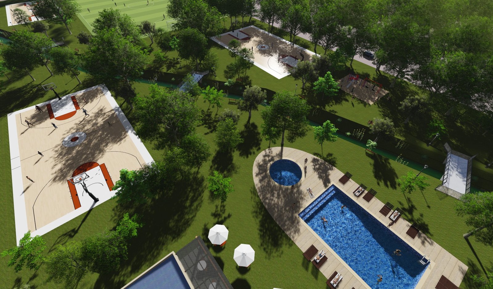 Espacio exterior moderno con piscina, cancha de básquet y área de comedor — proyecto Complejo turístico, sindicato de cerveceros Corrientes., por Arquitecto Gustavo Maidana, en Pas