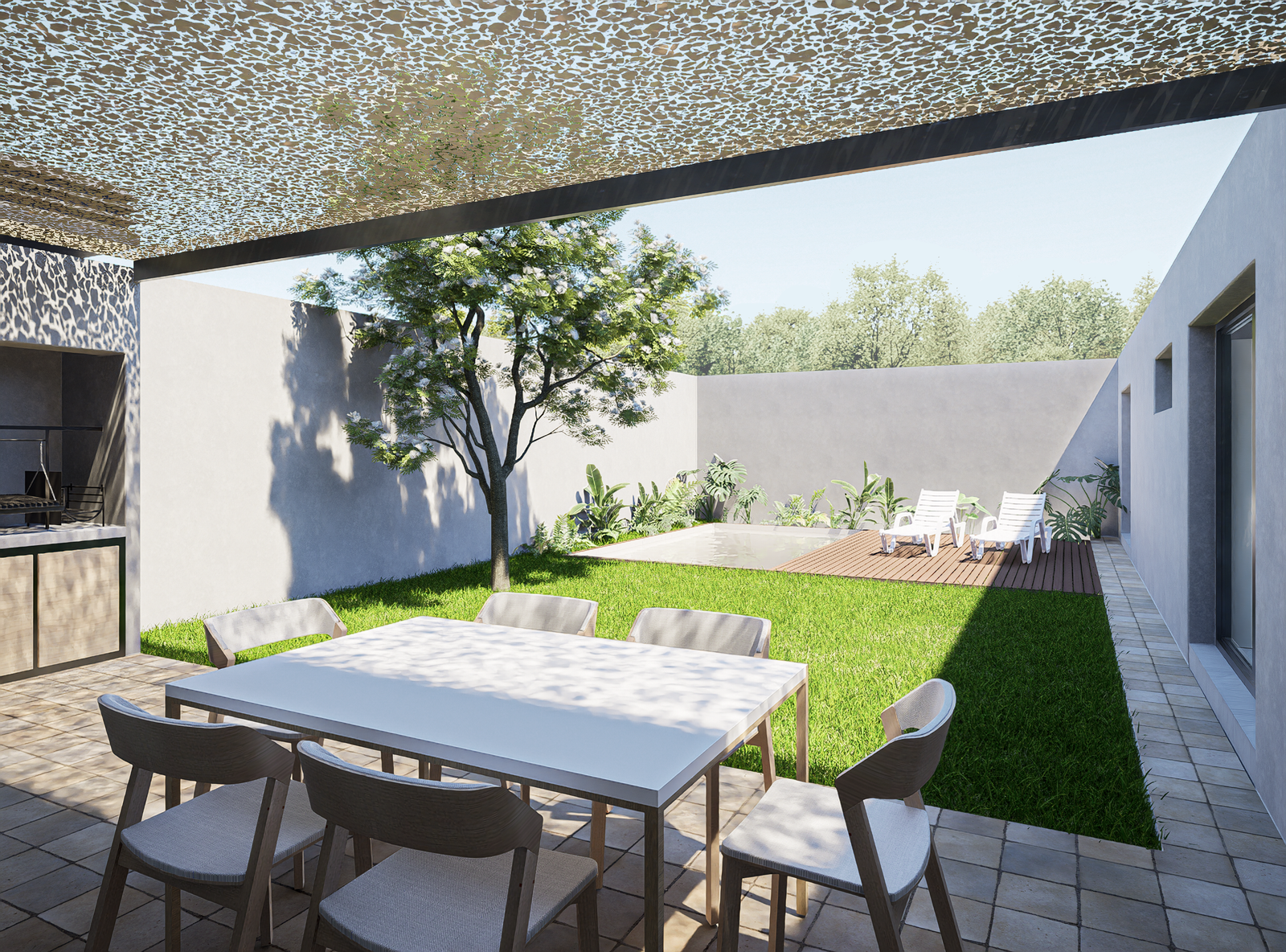 Patio moderno con piscina, deck de madera y área de comedor — proyecto Proyecto. Vivienda expandible, por condor estudio, en Mendoza