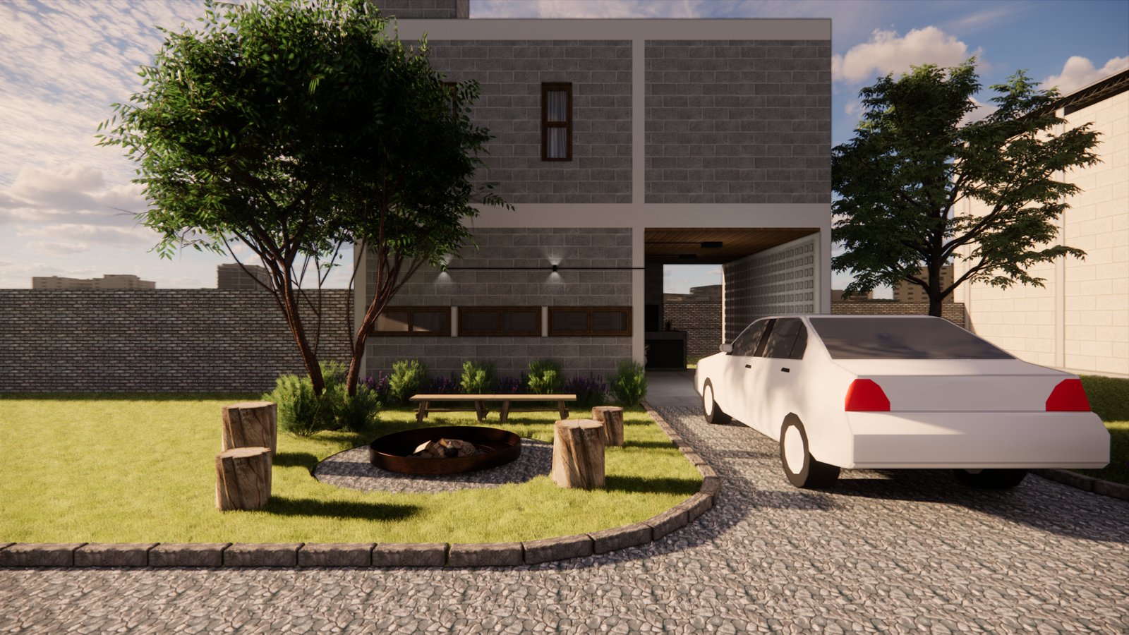 fachada moderna con patio, jardín y auto blanco — proyecto FACHADAS ET, por Todo con A, en Villa del Rosario