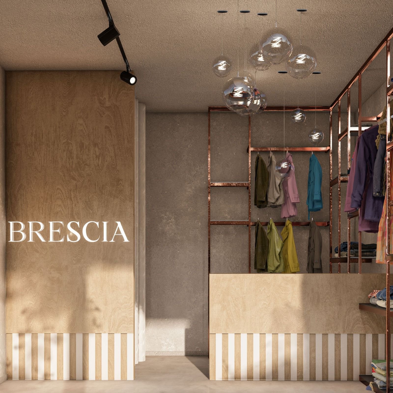 Interior de tienda de ropa con estanterías de cobre — proyecto LOCAL DE INDUMENTARIA, por TD Interiorismo, en San Fernando del Valle de Catamarca