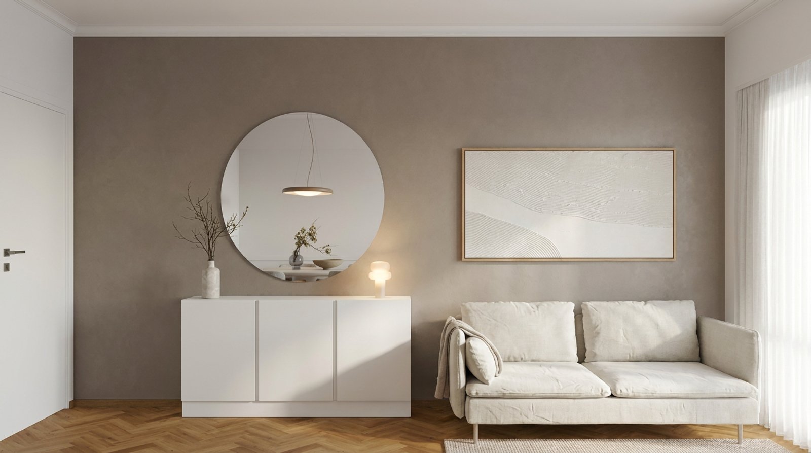 Living moderno con sofá curvo, espejo redondo y arte abstracto — proyecto Diseño cálido de living comedor , por Mela Deco Design, en Buenos Aires