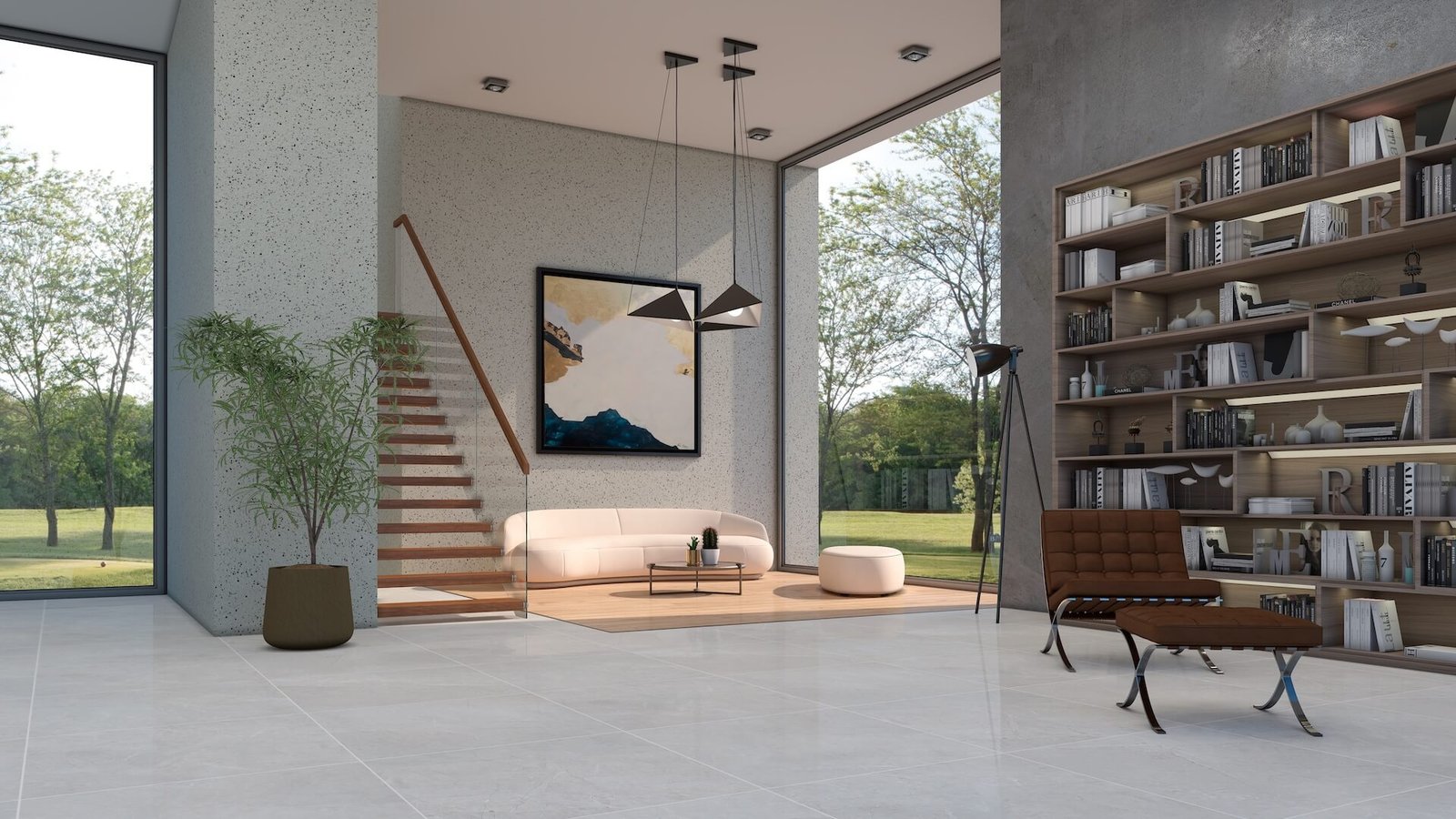 Living moderno con biblioteca y mucha luz natural — proyecto Marmol, por TENDENZA, en Buenos Aires