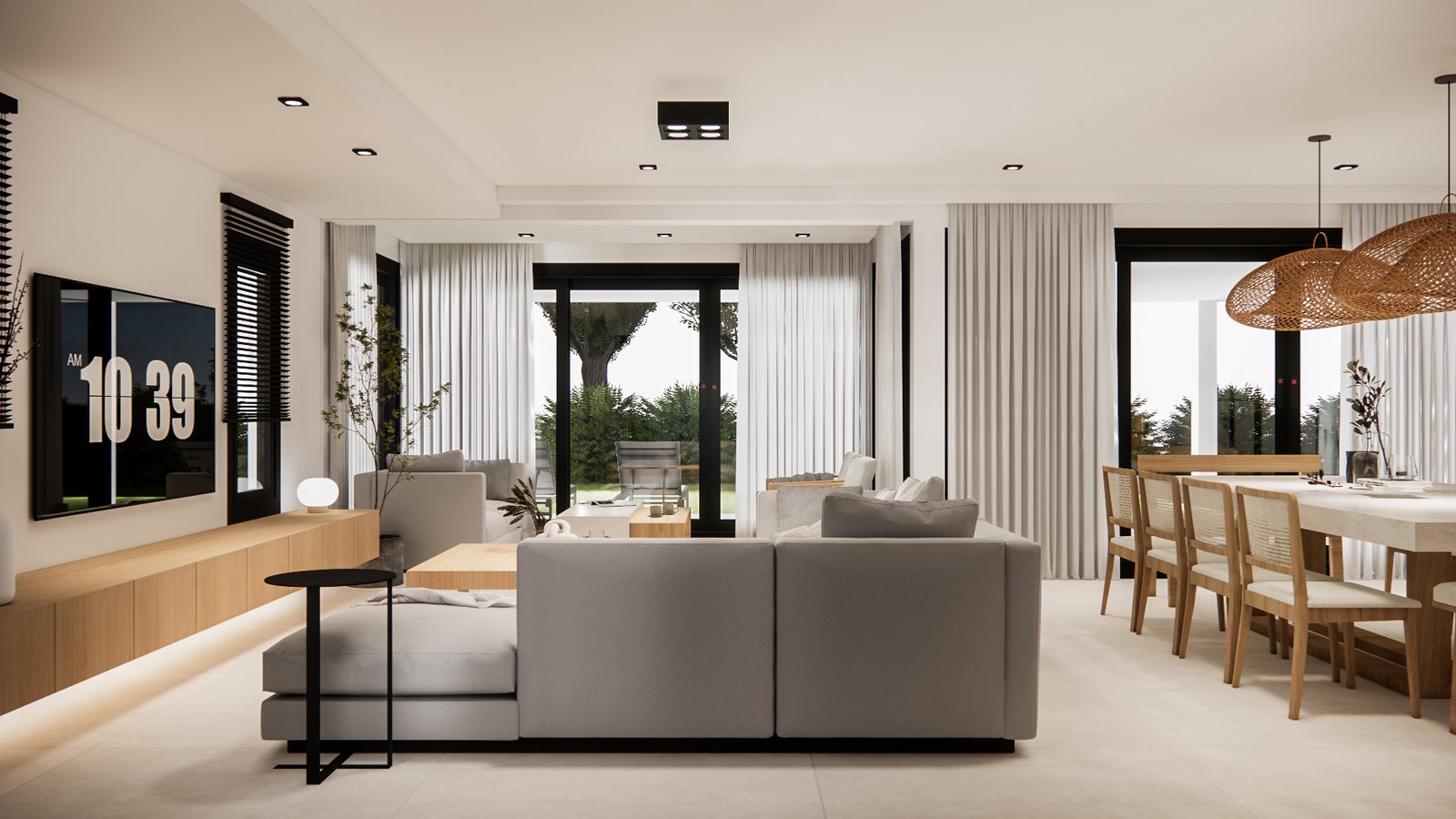 Living comedor moderno minimalista con detalles en madera y luz natural — proyecto Moderna y elegante casa de familia , por Mela Deco Design, en Buenos Aires