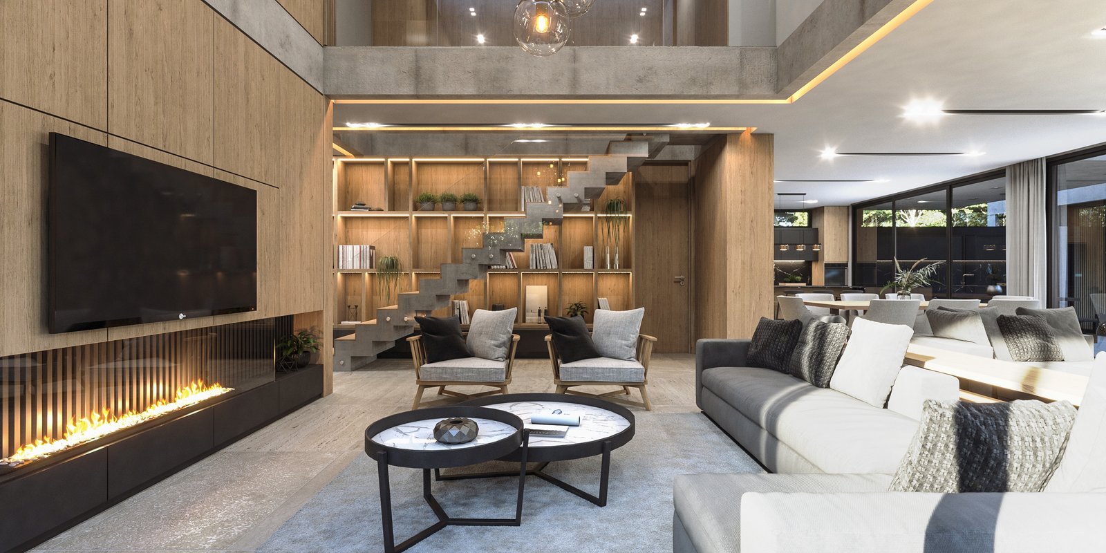 Living moderno con hogar a leña y pared de madera — proyecto Casa TERRA, por Grupo CRBN, en Los Robles 5901