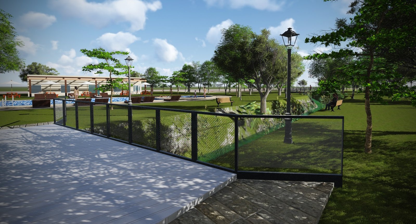 Modern exterior with deck, pool and abundant vegetation — proyecto Complejo turístico, sindicato de cerveceros Corrientes., por Arquitecto Gustavo Maidana, en Paso de la Patria