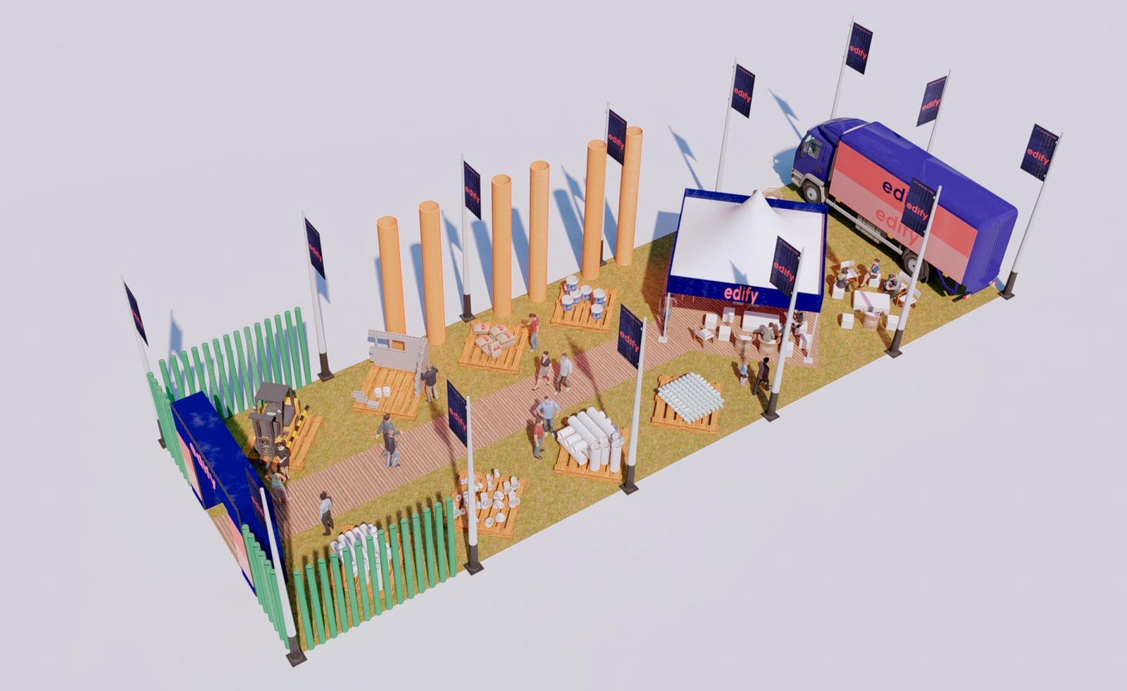 Espaço comercial externo para eventos com food truck e mobiliário — projeto Expo Forestal Posadas. Primer premio al diseno de Stand., por Arquitecto Gustavo Maidana, em Posadas