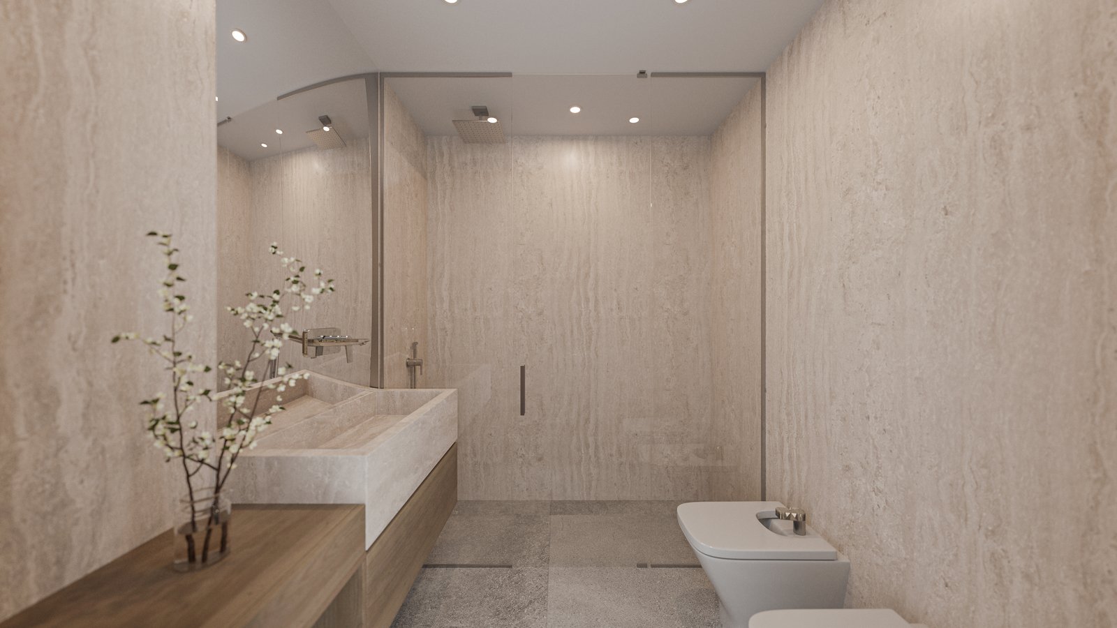 Baño moderno con paredes de piedra texturizada y luz cálida — proyecto Casa BEAT, por Grupo CRBN, en Av. de los Lagos 1815
