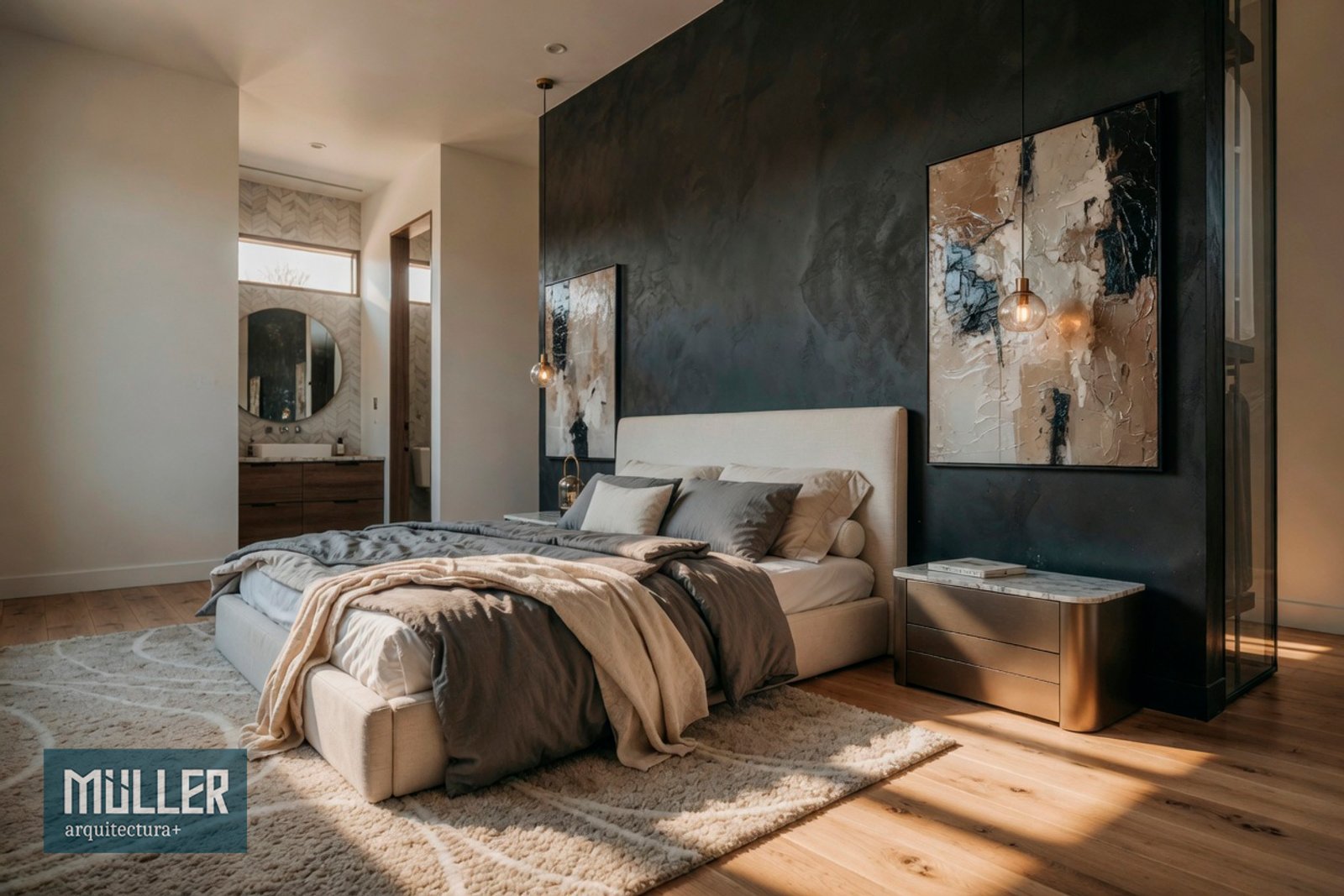 Dormitorio moderno con pared de microcemento texturizado y arte abstracto — proyecto CASA S, por Arquitecto Germán Müller, en Plottier