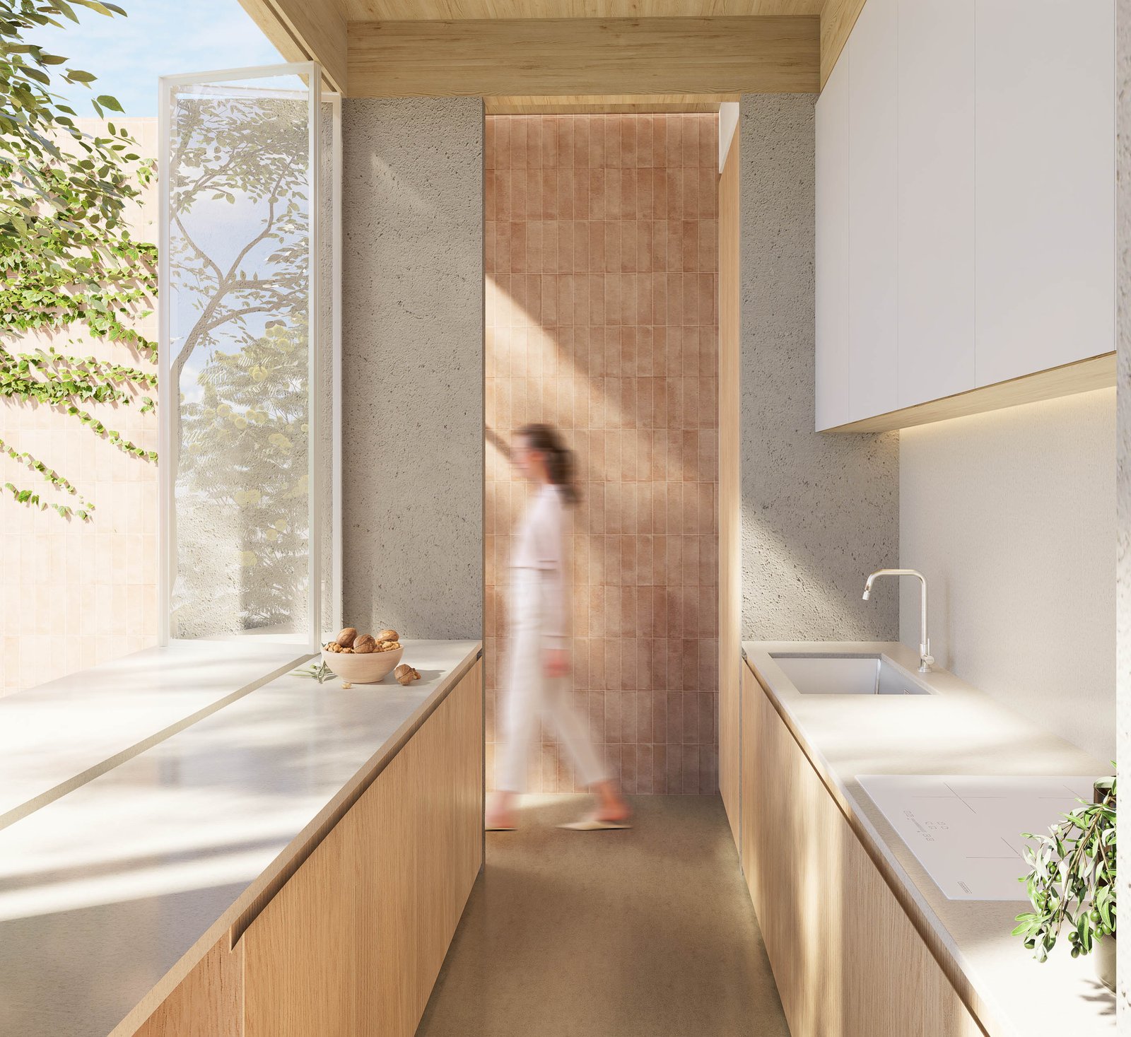 Cocina moderna minimalista con luz natural y detalles en madera — proyecto Proyecto medianeras, por Arq. Lugar, en Buenos Aires