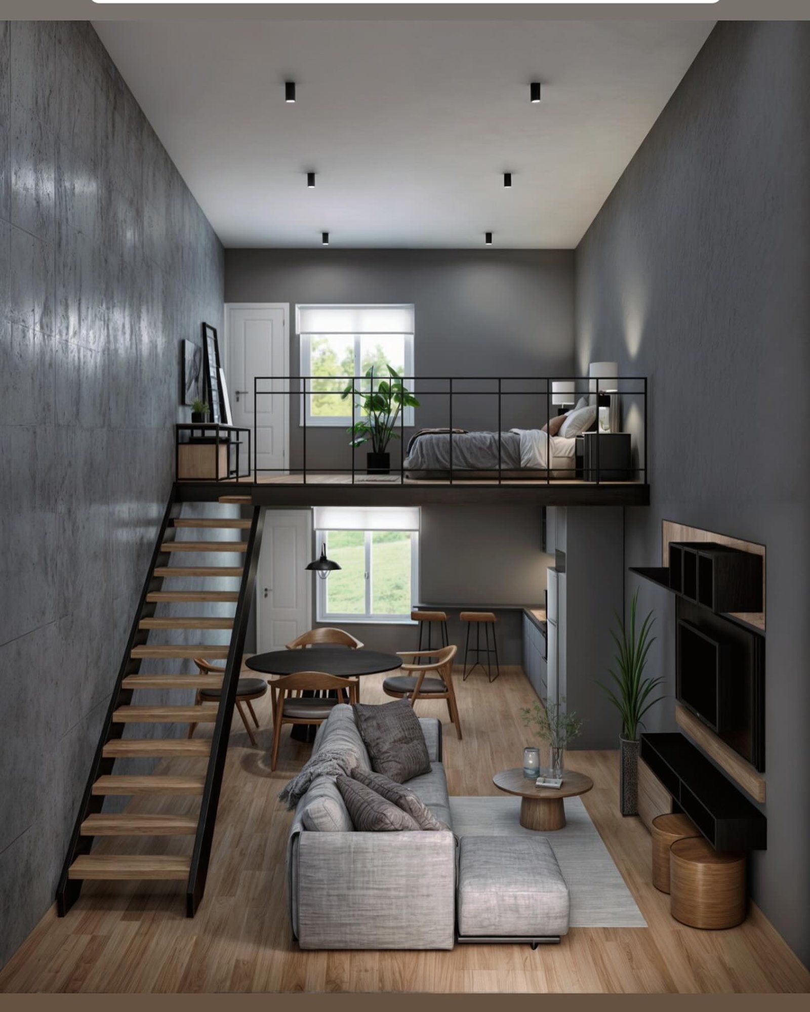 Loft industrial moderno com escada flutuante e paredes de concreto — projeto Casa de la laguna., por Arquitecto Gustavo Maidana, em Caá Catí