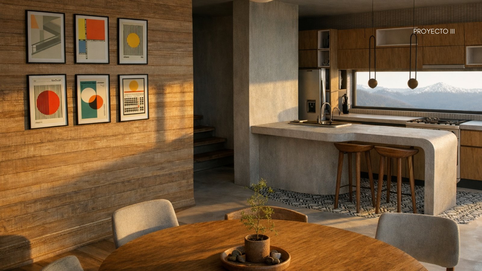 Cozinha moderna com ilha de concreto e vista para montanha — projeto Casa country V.G.B, por Camila Gajardo, em Villa Gral. Belgrano