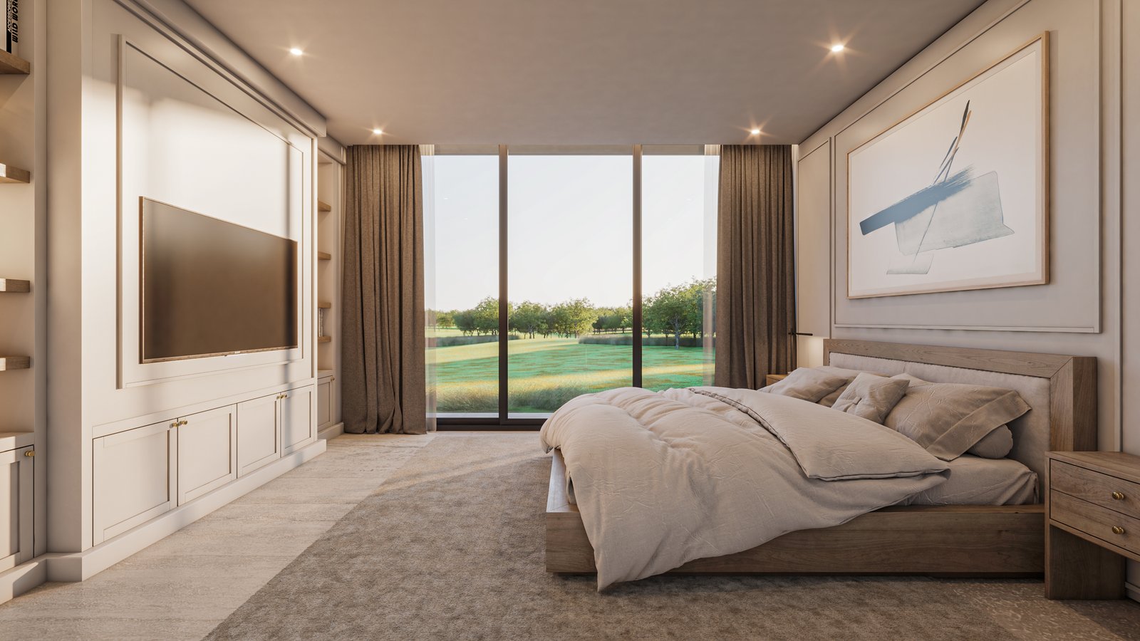 Dormitorio moderno con vista al campo y paneles blancos — proyecto Casa GOLF, por Grupo CRBN, en Ruta Panamericana Nº. 9
