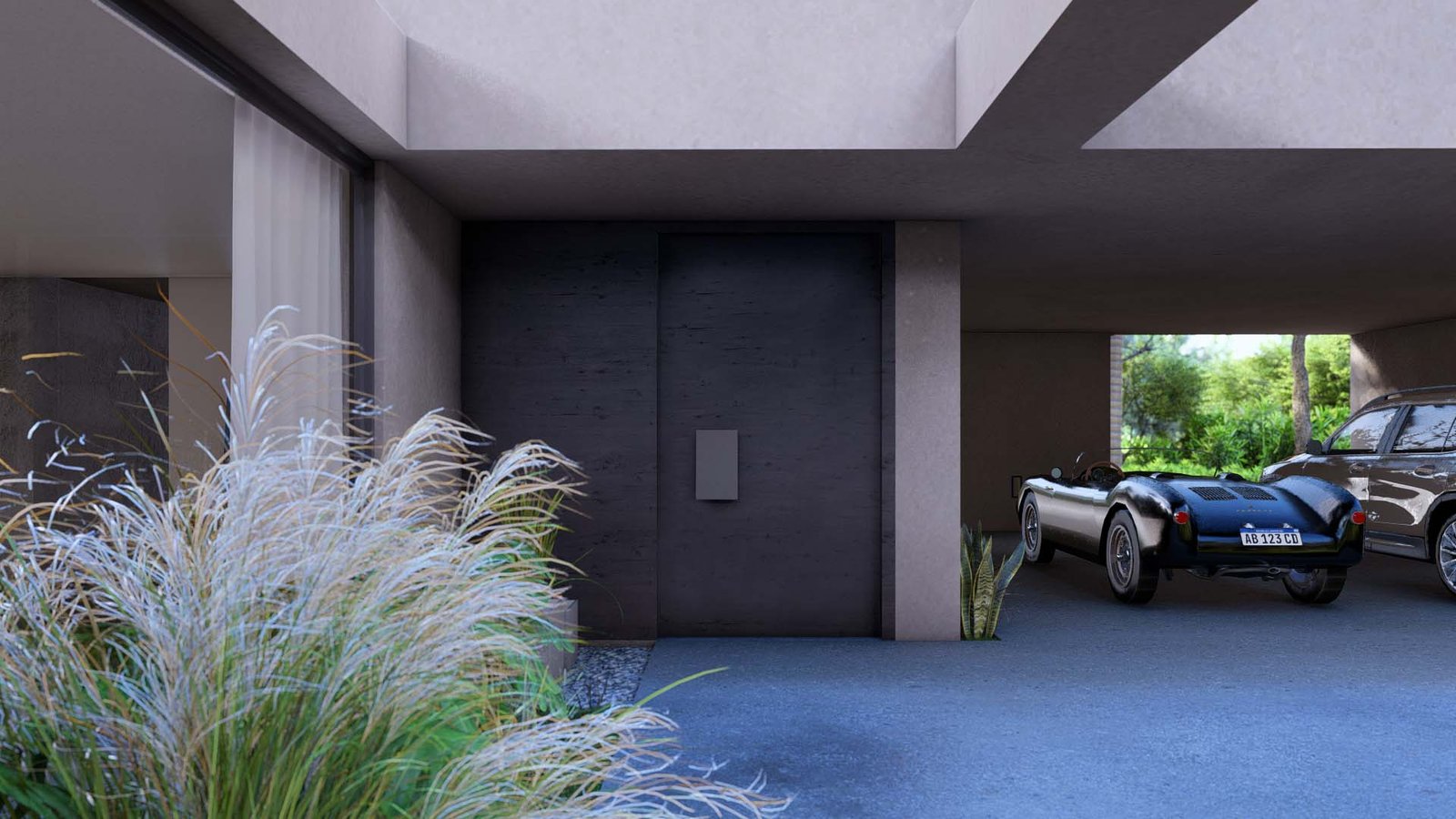 Fachada moderna con autos clásicos y vegetación exuberante — proyecto Casa FP, por Hermann Arquitectos, en San Isidro