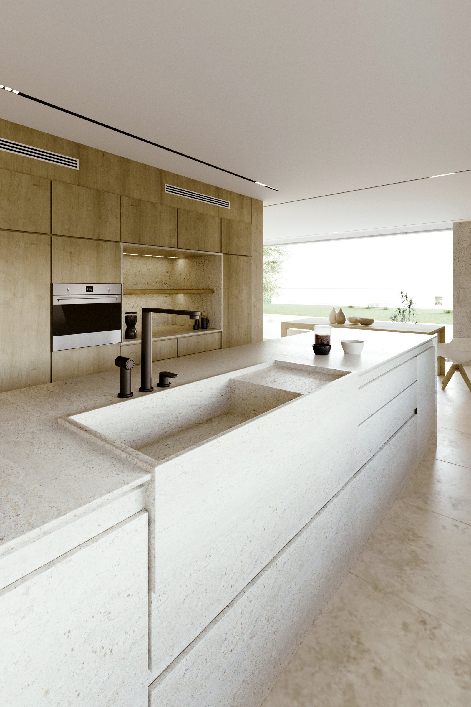 Cocina moderna con isla, piedra beige y madera natural — proyecto Casa SC464, por EZ architects, en La Garza
