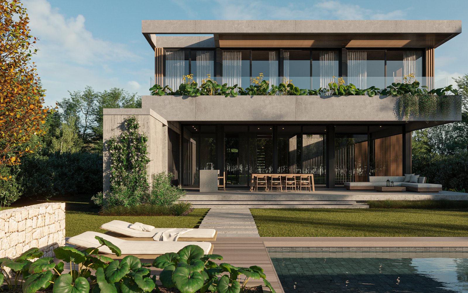 Residencia moderna con amplios ventanales y jardín exuberante — proyecto Casa PUERTOS, por Grupo CRBN, en Provincia de Buenos Aires