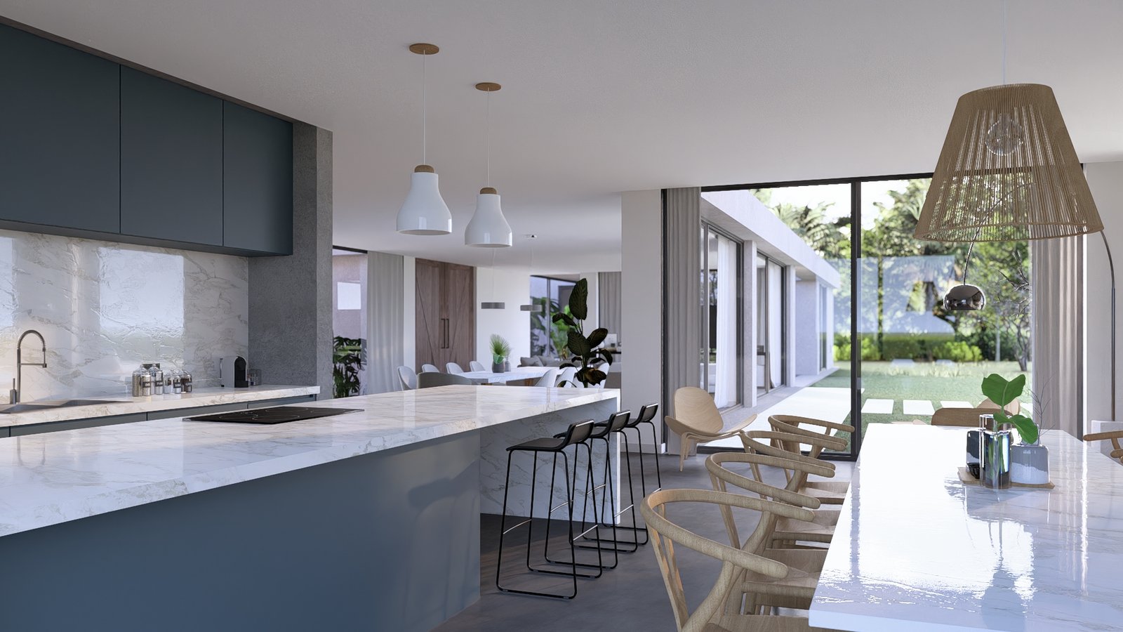 Cocina moderna con isla y vista al exterior — proyecto Casa FP, por Hermann Arquitectos, en San Isidro
