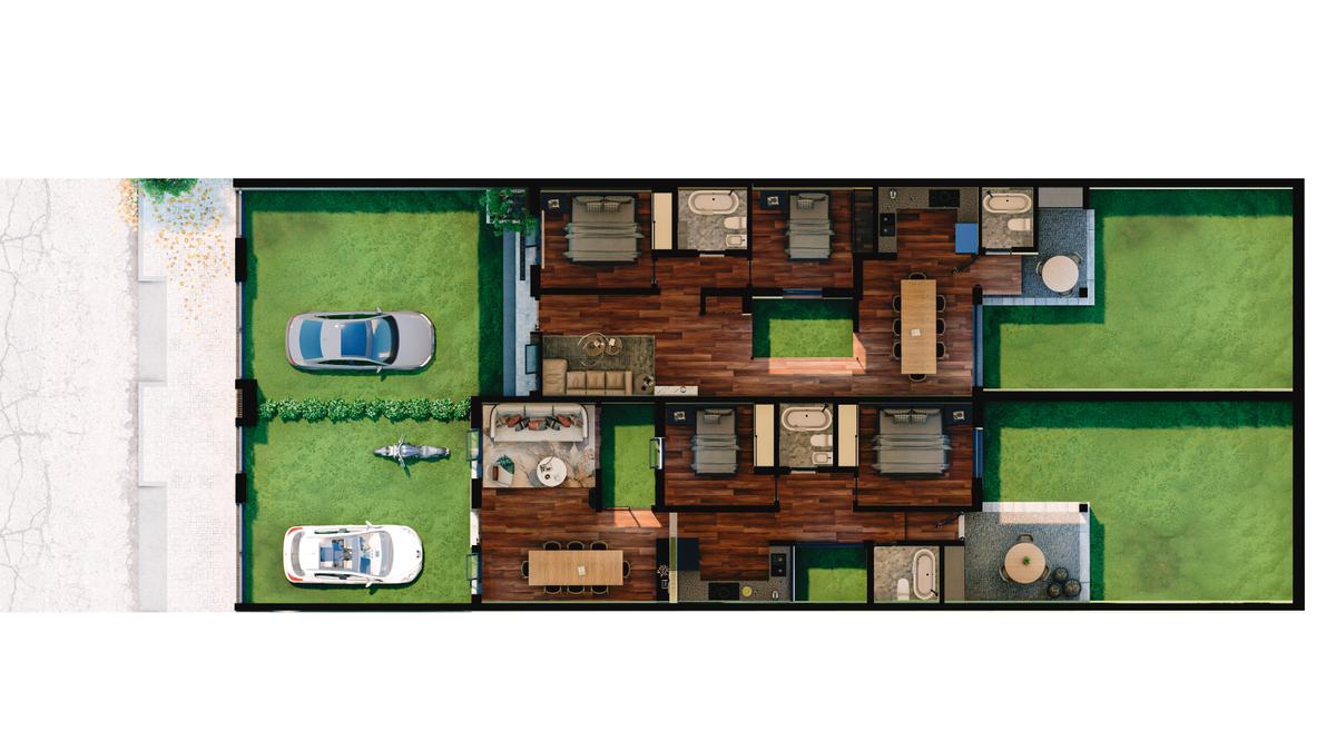 Planta baixa de casa moderna com pátio e garagem para dois carros — projeto Casa JMM, por Render Workshop Architecture, em San Pedro