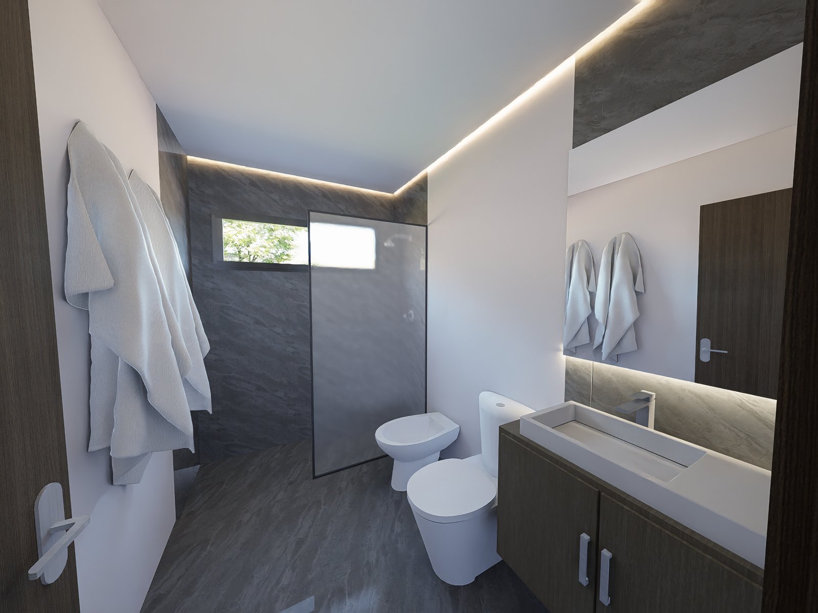banheiro moderno minimalista com revestimento em mármore cinza e iluminação indireta — projeto Proyecto. Vivienda expandible, por condor estudio, em Mendoza